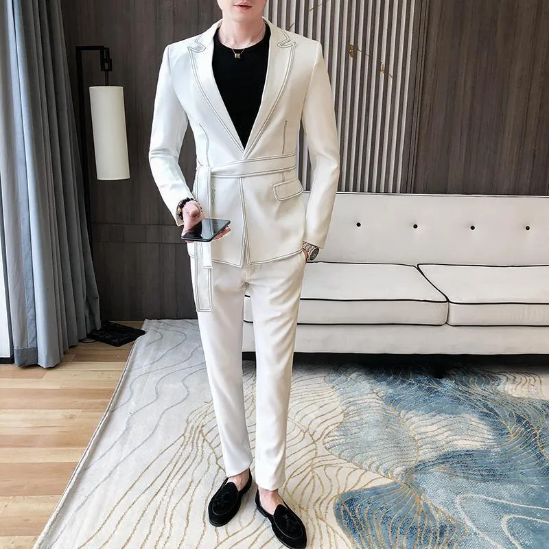 2021 Spring New Suit Men Single Button Mens Slim Fit Suits with Pant Casual Stage Wedding Dress Belt Prom Tuxedo Costume Homme217b