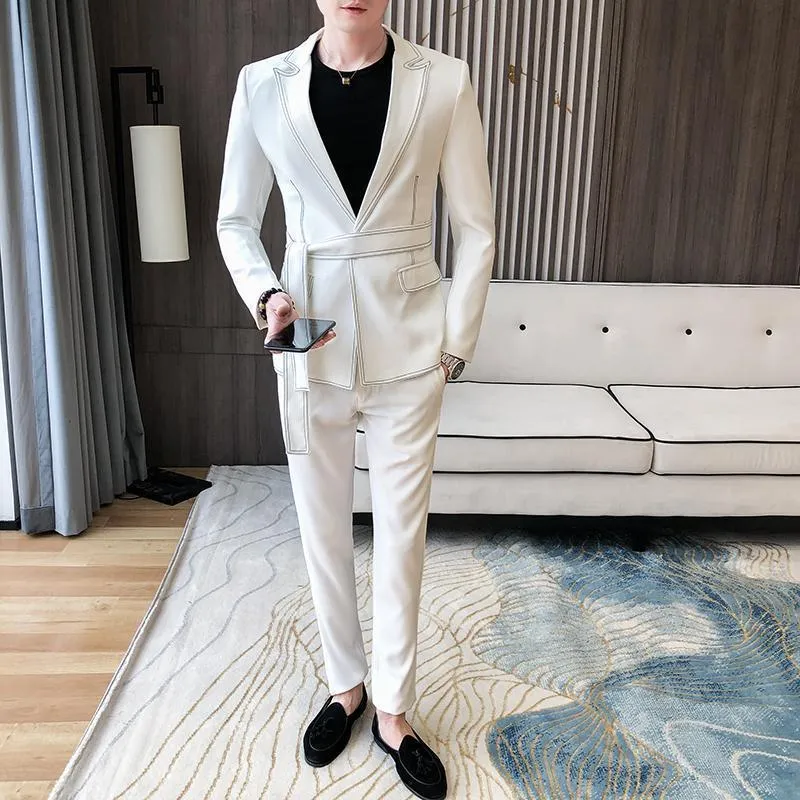 2021 Spring New Suit Men Single Button Mens Slim Fit Suits with Pant Casual Stage Wedding Dress Belt Prom Tuxedo Costume Homme277s