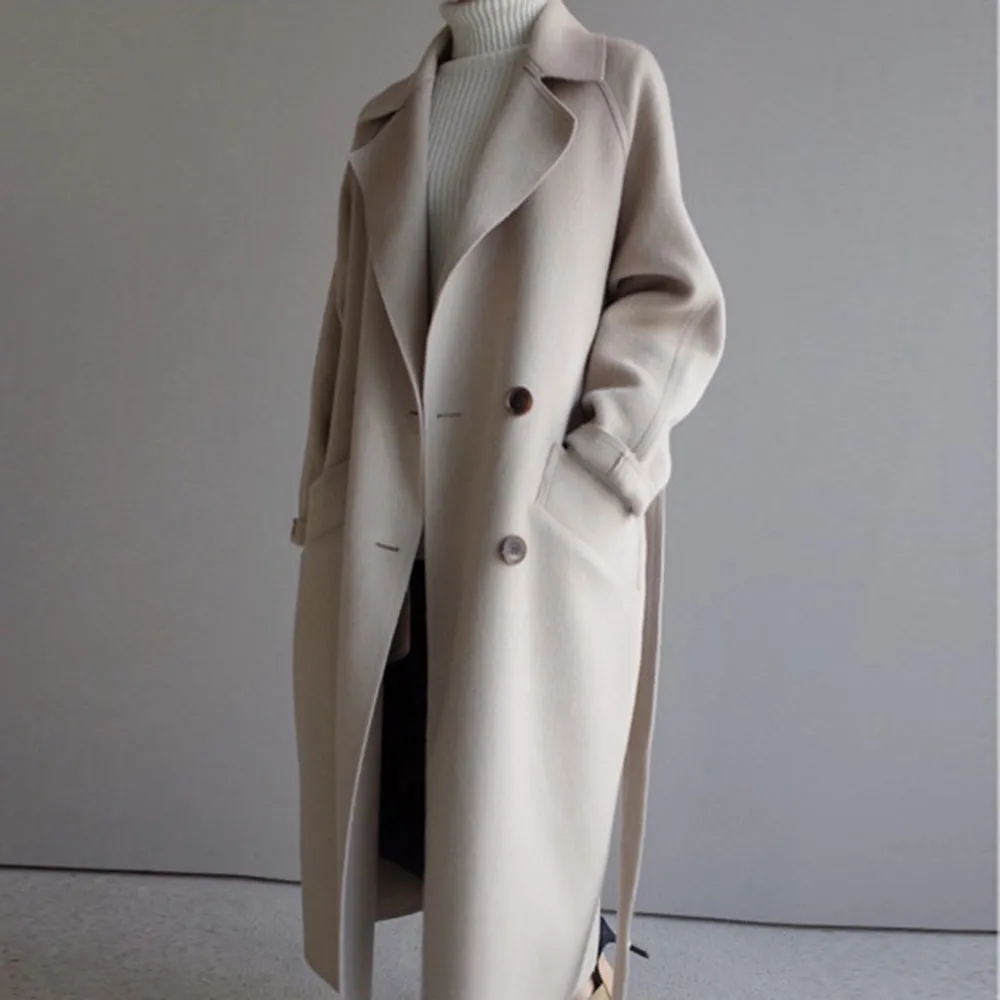 Winter Beige Elegant Wool Blend Women Korean Fashion Black Long Coats Vintage Minimalist Woolen Overcoat Camel Oversize Outwear LJ200814