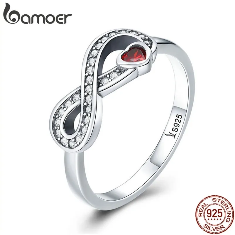 Bamoer 100% 925 Sterling Silver Infinity Love Forever Heart Clear CZ Anillo de dedo para mujeres Joyas de compromiso de boda SCR415 201218