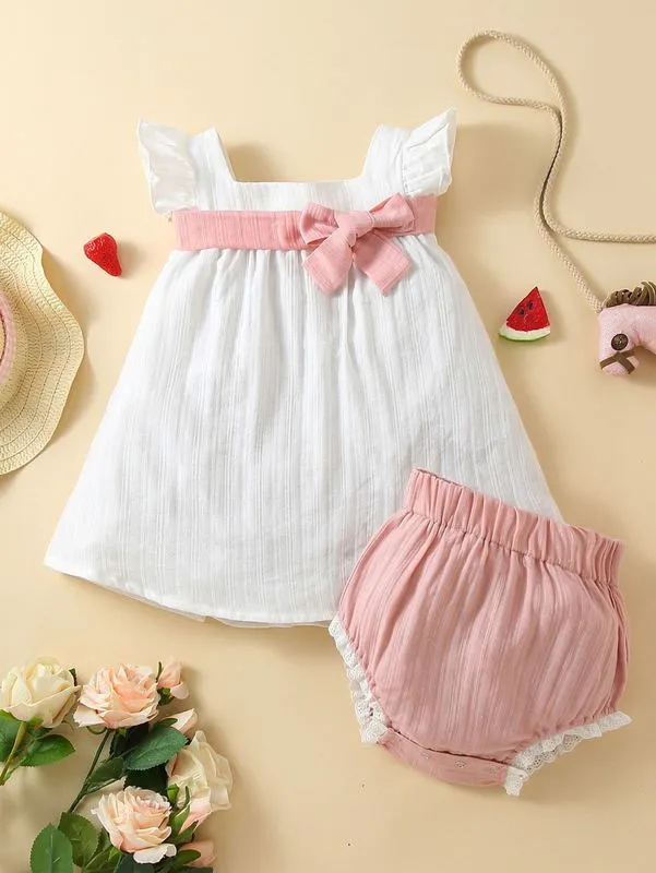 Robe short à col carré pour bébé fille, nouée sur le devant, SHE01