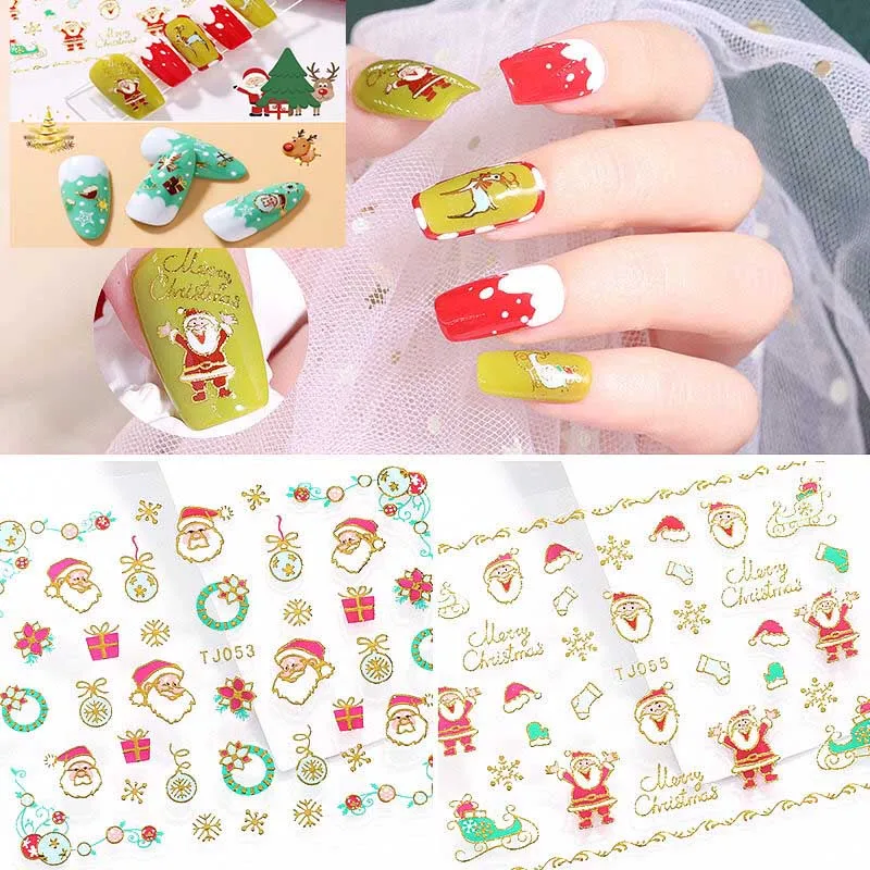 Boże Narodzenie Nail Art Naklejki 3D Nail naklejki naklejki Manicure Brązowanie Choinki Santa Claus Snowflake Hat Socks Dekoracja