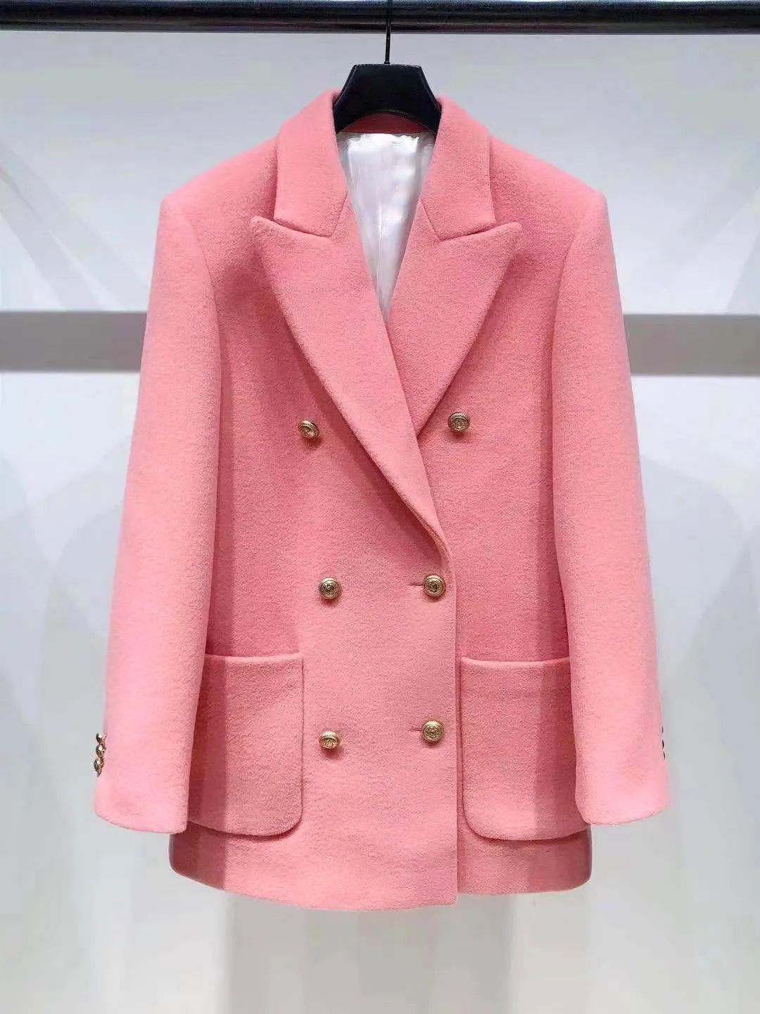 2021 automne automne manches longues revers crantés rose Blazer Style français couleur unie laine Double poches double boutonnage longs Blazers Outwear manteaux G123001