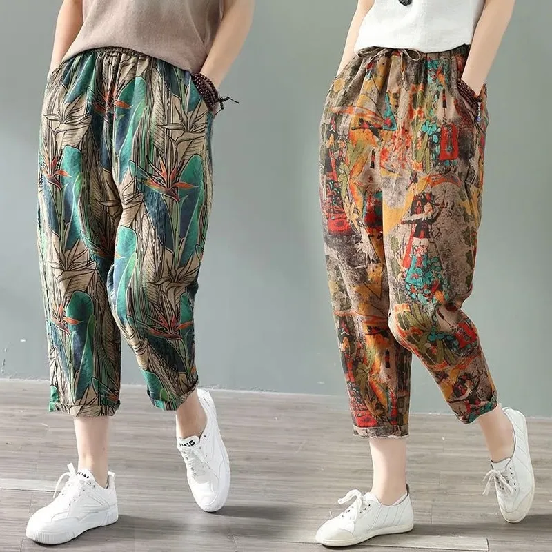 Nouveau Femmes Boho Sarouel Lâche Surdimensionné Mélangé Coton Lin Streetwear Hip Hop Pantalon De Danse Ethnique Imprimer Hippie Pantalon 201102