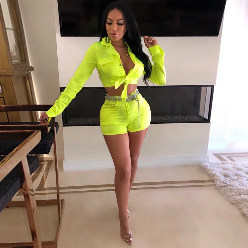 Satin vert neon en satin 2 pieces courte pour femmes Sexy Club Turnits Festival Festival Rave Matching sets