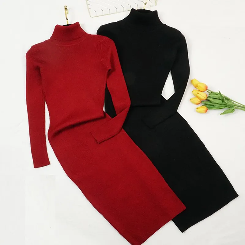 Herbst Winter Frauen Gestrickte Kleid Rollkragenpullover Kleider Dame Slim Bodycon Langarm Kleid Grundiert Vestidos 210319