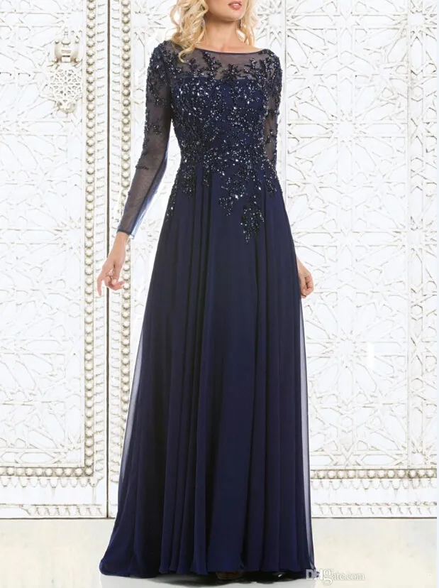 2019 Top Selling Elegant Navy Blue Mother of The Bride Dresses Chiffon See-Through Long Sleeve Sheer Neck Appliques Sequins Evening Dress