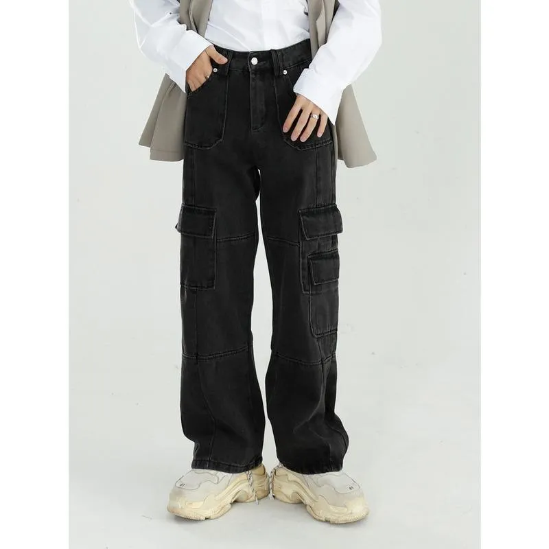 Männer Jeans Männer 2021 Herbst Vintage gewaschene lose breite Beinhose gerade Cargo Baggy Denim Streetwear