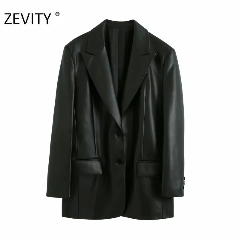 Zevity femmes vintage couleur unie en cuir PU blazer manteau bureau dames poches causal lâche élégant outwear costume manteaux tops CT579 201023