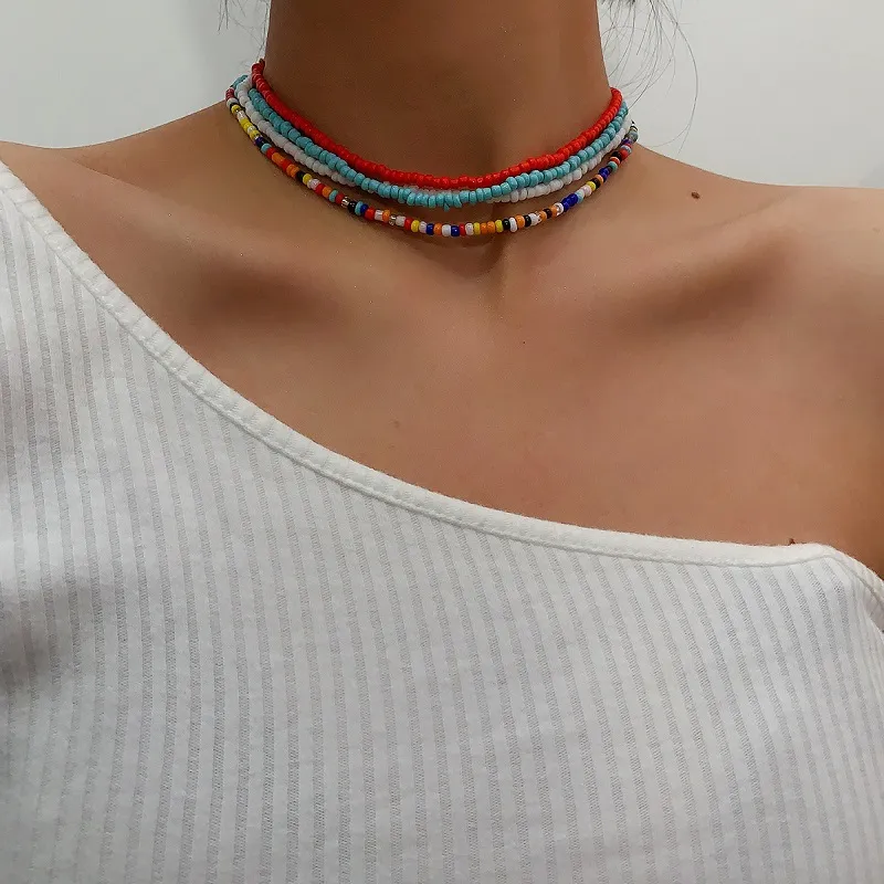 7pcs/set Boho Colorful Resin Seeds Beads Necklaces Clavicle Bead Choker Collar for Women Girl Fashion Beach Party Necklace Statement Jewelry