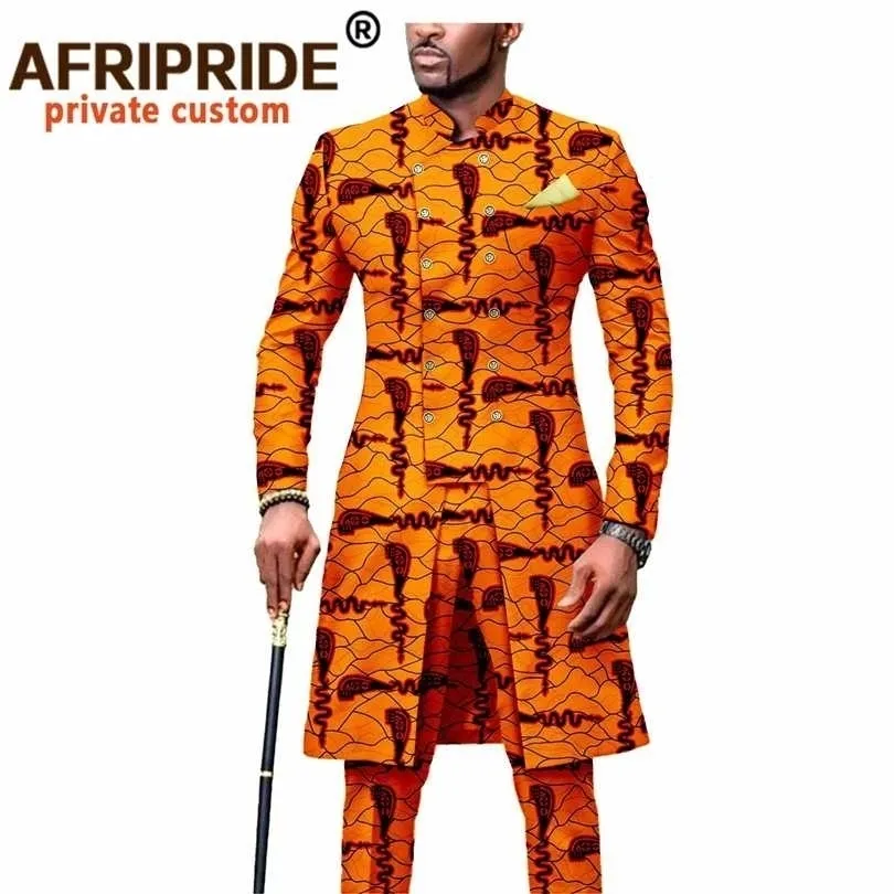 Abito da uomo Abbigliamento africano Dashiki Giacca stampata e pantaloni Ankara Set da 2 pezzi Abito Outwear per matrimonio A054 211220