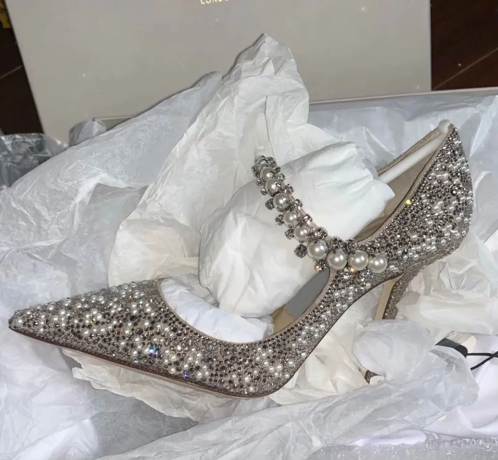 Bridal Shoes Mary Jane Pumps Lady High Heels `S Pumps Perfect Wedding Dress With Crystal Pearl Strap Sexy Point Toe Women Baily