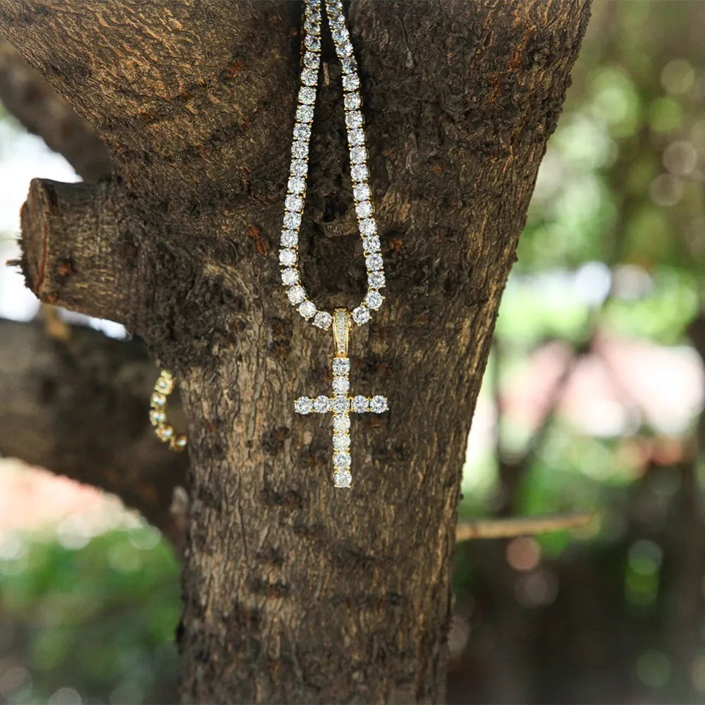 Iced Out Zircon Cross Pendant With 4mm Tennis Chain Necklace Set Men`s Hip hop Jewelry Gold Silver CZ Pendant Necklace