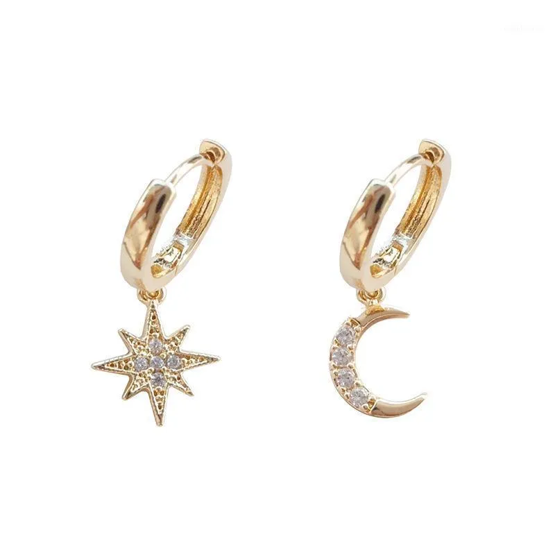 Hoop Huggie Tiny Trendy Cubic Zirconia Moon Star Drop Earrings Rose Gold Round Asymmetric For Women Jewelry Aros Mujer 20211