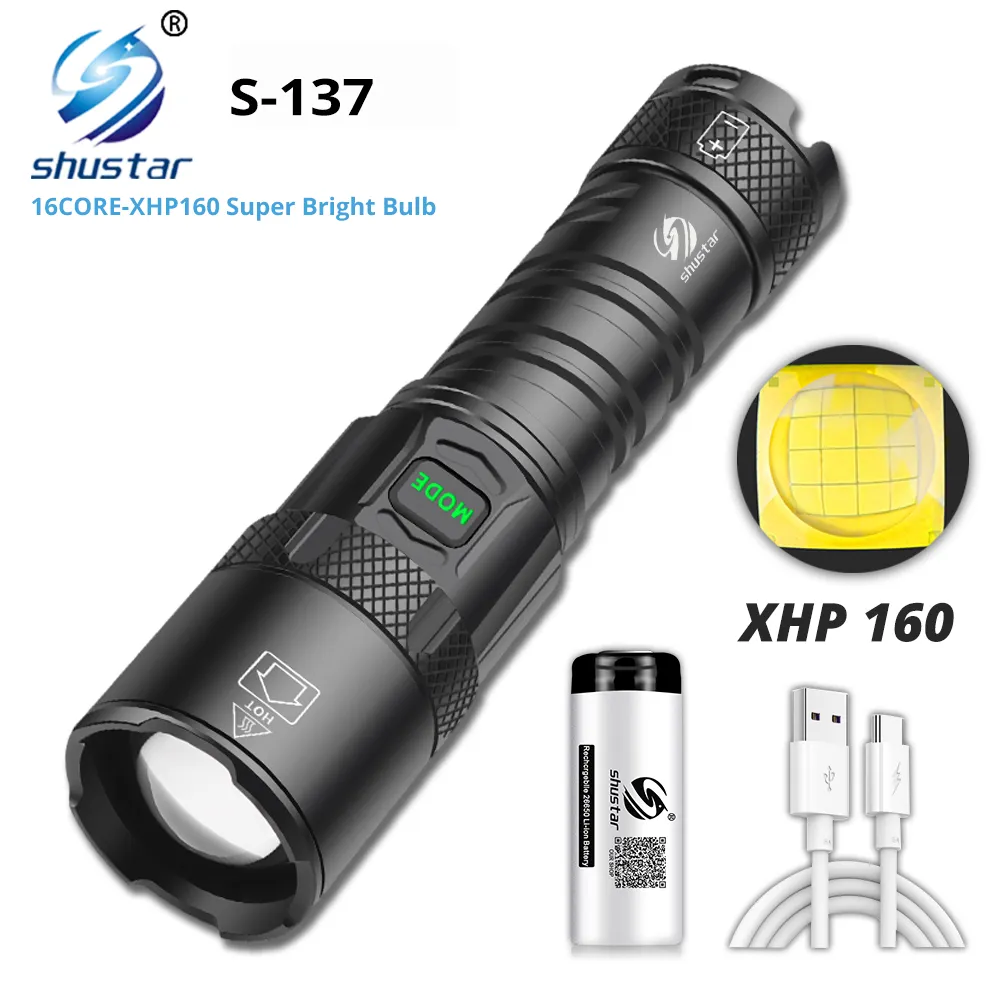 16 CORE XHP160 Super Bright LED Lanterna Lanterna Impermeável Tocha Resistente ao Desgaste e à prova de gota 5 Modos de iluminação Zoomable Recarregável