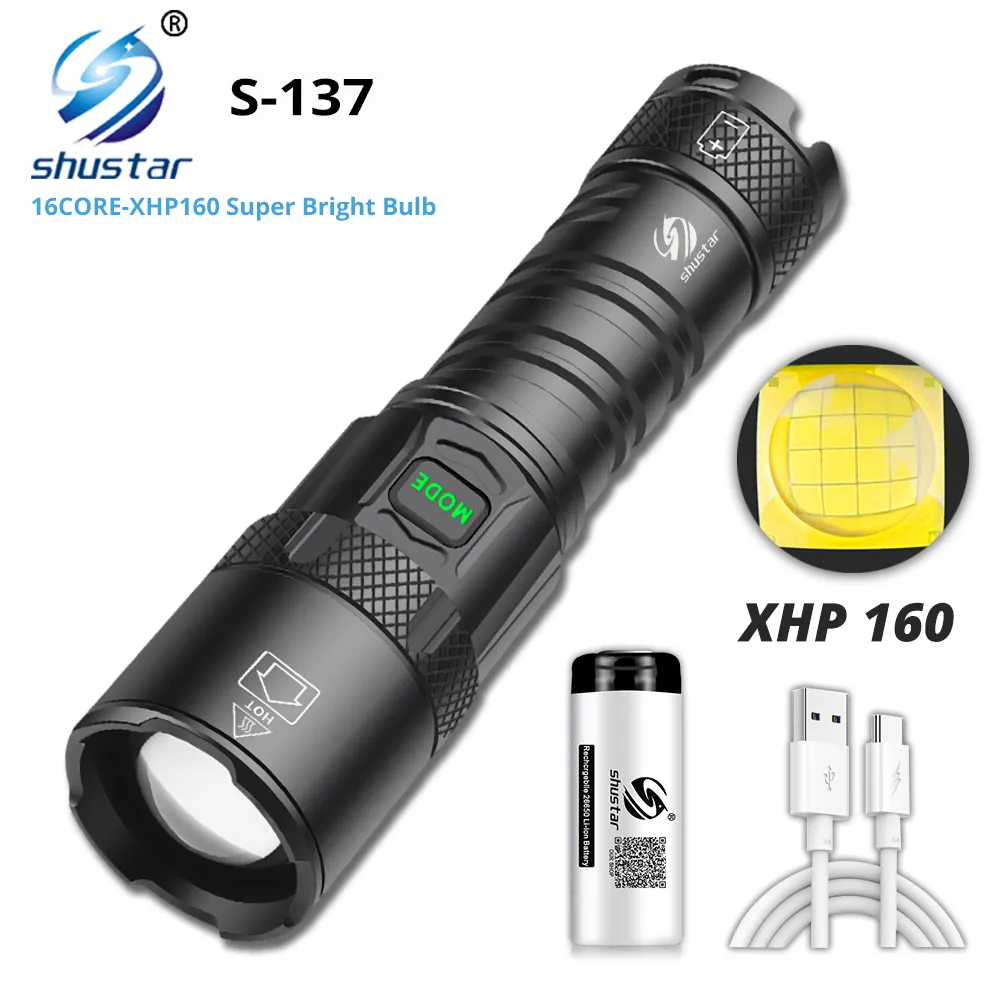 16 CORE XHP160 Torcia LED super luminosa Torcia impermeabile Resistente all'usura e antigoccia 5 Modalità di illuminazione Zoomabile Ricaricabile