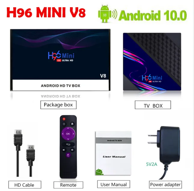 H96 Mini V8 VS X96Q TV Kutusu RK3228A 1G / 2G Android 10.0 Dört Çekirdekli 2.4G WiFi 100m LAN