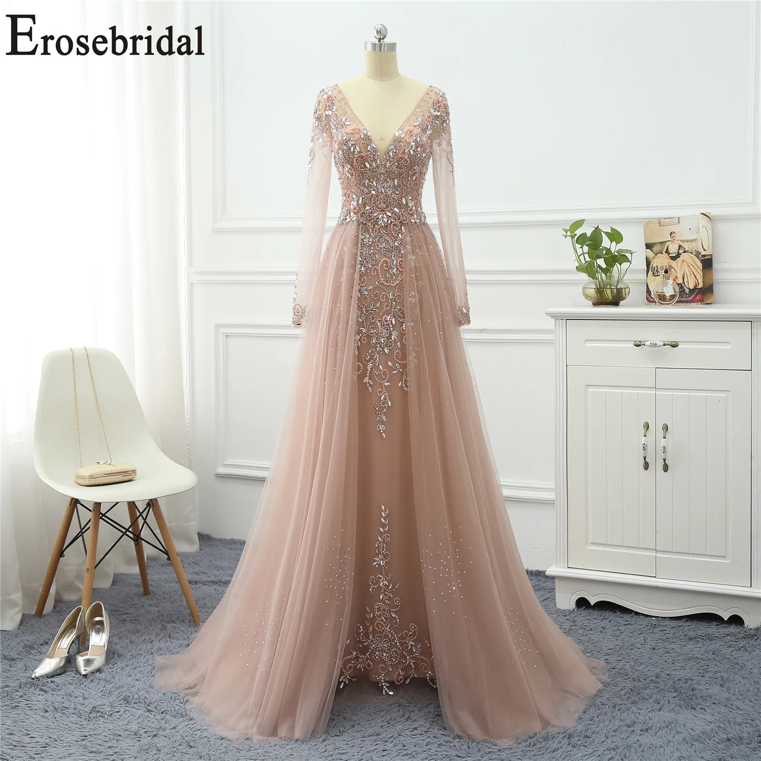 Erosebridal 우아한 라인 이브닝 드레스 긴 2020 긴 소매 공식 드레스 저녁 가운 기차 긴 무도회 드레스 LJ201124