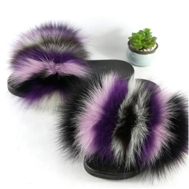 Kvinnors sommar Öppna Toe Furry Sandaler Striped Real Fox Hår Tofflor Kvinna Fur Slides Varma Plush Shoes Ladies Fur Flip Flops 45 Y201026