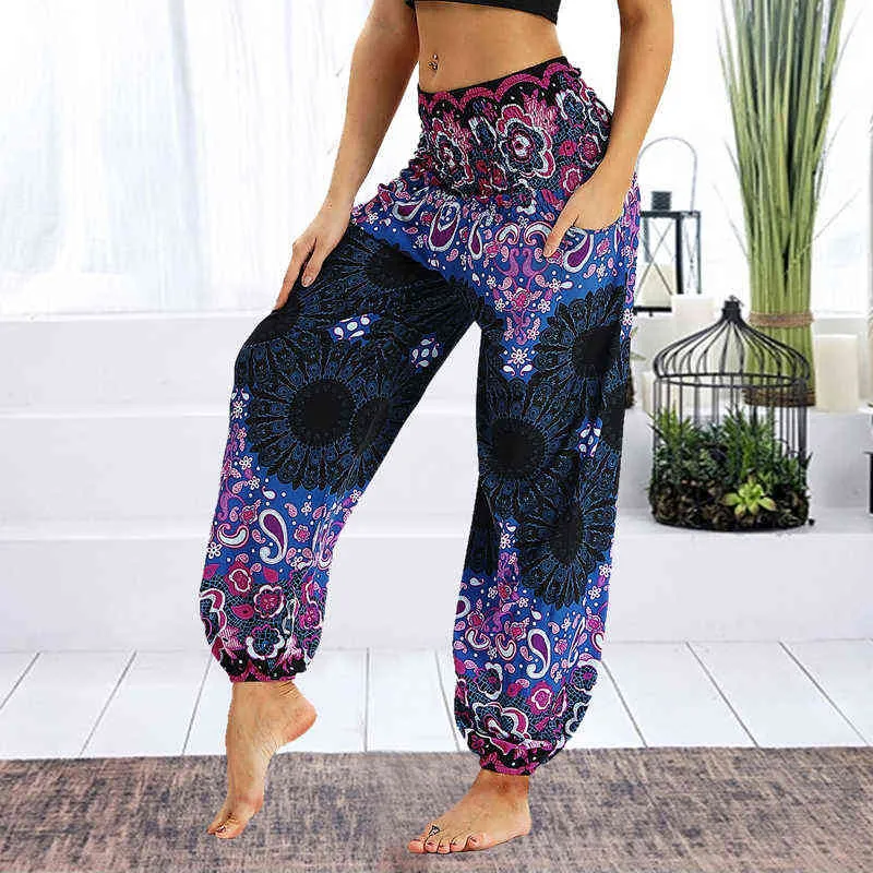 Harem calças senhoras mulheres casuais verão calças soltas feminino baggy boho aladdin impressão casual moda ioga calças 2021 h1221