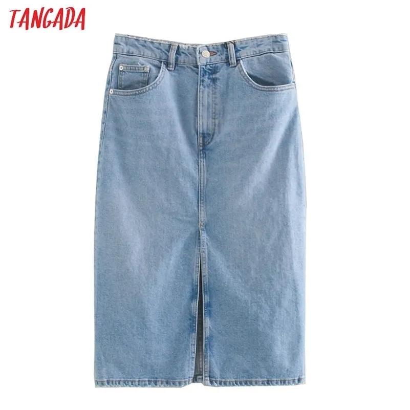 Tangada 2020 Mulheres Sólida Azul Denim Saia Vintage Verão Aberto Verão Feminino Elegante Chique Saias 3L31 LJ200820