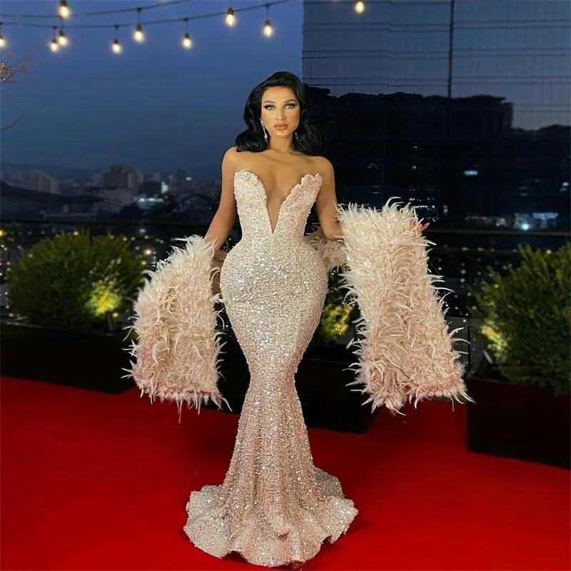 Hot Sale Elegant Evening Gowns 2019 With Wrap Feather Sweetheart
