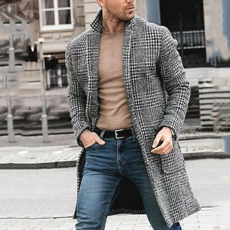 Men s Plaid Long Wool Blend Trench Coat Winter Warm Overcoat Jacket 2024 Outwear