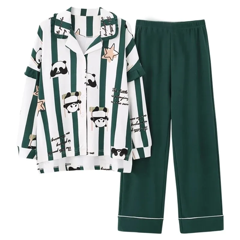 Panda Cute Print Womens Pajamas Set Ladies Cotton Homewear Full Length Sleepwear 201217