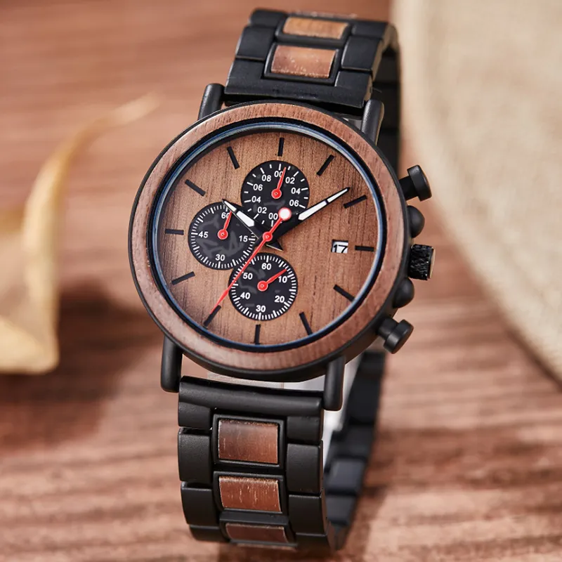 Kvalitet Real Wood Watch for Men Luxury Multifunktionellt kalenderdatum Mens Bambu Träband Man Sandalwood Male Wristwatch Quartz7069231