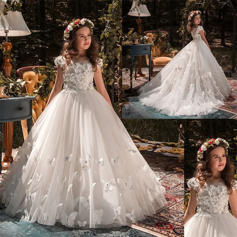 Ręcznie robione kwiatowe sukienki dla dziewczynek koraliki motylkowe pierwsza sukienka komunijna nowoczesny Design Appliqued Lace Custom Made Kids Pageant Dress