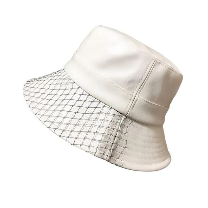 2021 Womens Fashion Faux Leather Black Leather Bucket Hat Elegant PU Solid  Top Panama Fisherman Cap With Net Yarn From Greatutureinnovation, $15.48