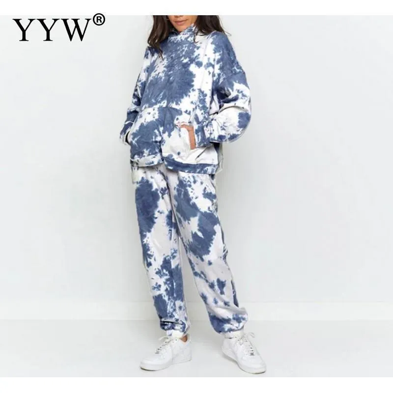 Tie Dye Herbst Winter 2 Stück Set Frauen Hoodies Hosen Gedruckt Sportswear Anzüge Verdicken Warme Damen Mädchen Hoodie Sets Trainingsanzüge Gym Kleidung