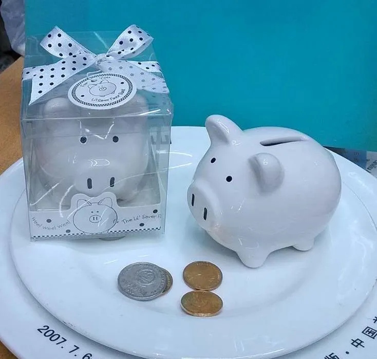 Party Favor Ceramic Mini Piggy Bank in Gift Box with Polka-Dot Bow Coin box for baby shower favors Christening gifts SN4361