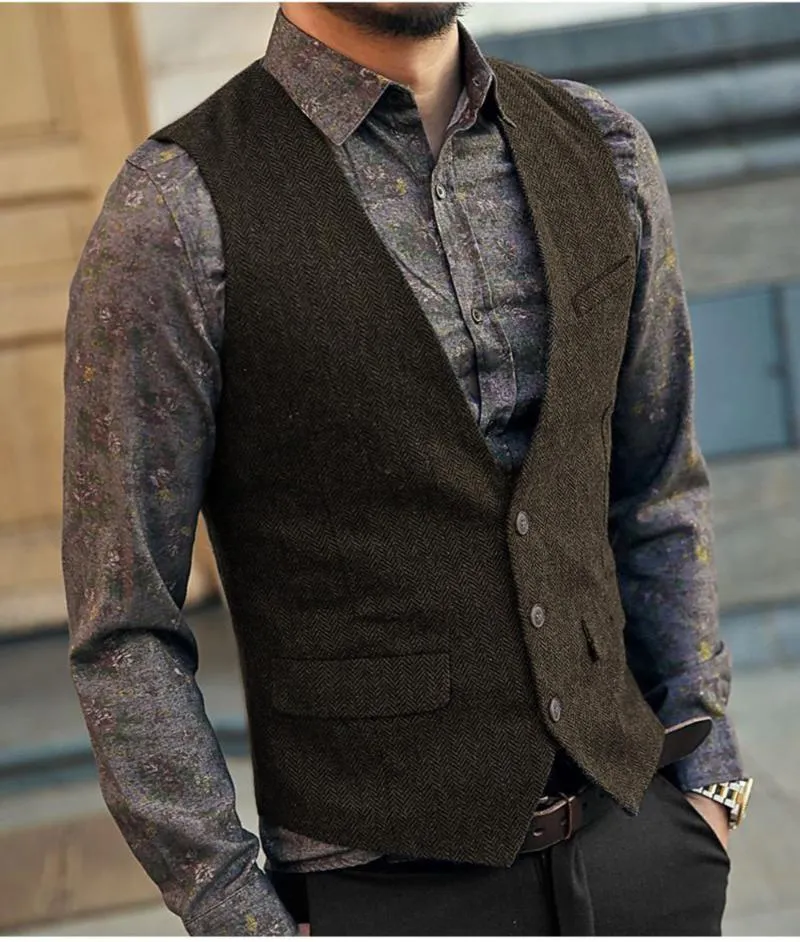 Royal Blue Tweed Vest for Men Slim Fit Vintage Herringbone V neck Wool Waistcoat Groomsmen Wedding XS 5XL