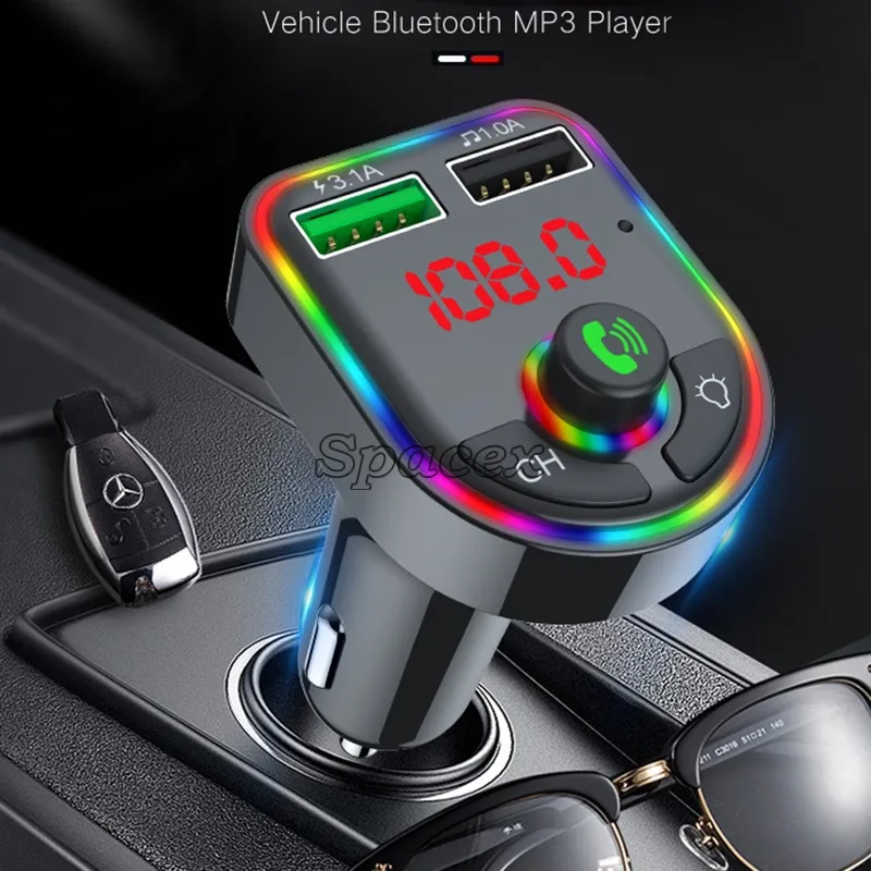 Bluetooth Car F6 Auto BT 5.0 FM Transmitter Handsfree Adapter RGB  Atmosphere Light Lamp Audio Recieiver with Retail Box