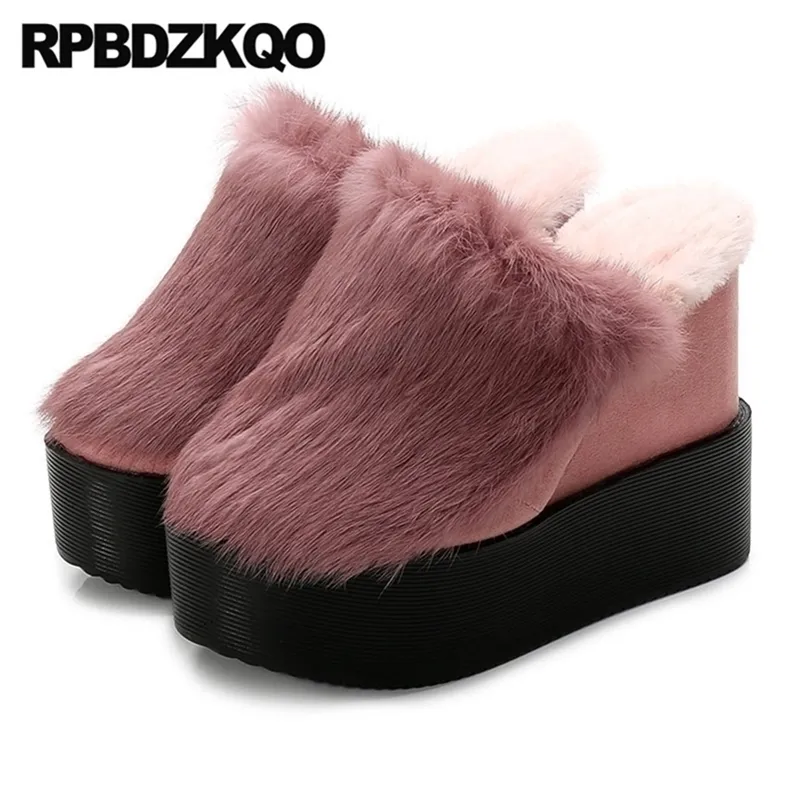Sapatos de moda Mulheres Fetiche Furry Chinelos Slides Plataforma Flatforms Real Fur Stripper 5 Cunha Calçado Rosa Coelho Inverno Y201026 Gai Gai Gai