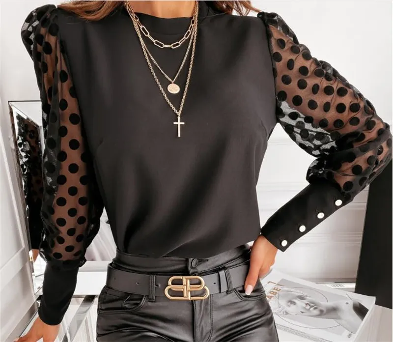 Fashion V Neck Women Blouse Ladies Mesh Puff Sleeve Dot Black Tops Pullover Blouse Casual Women Clothing