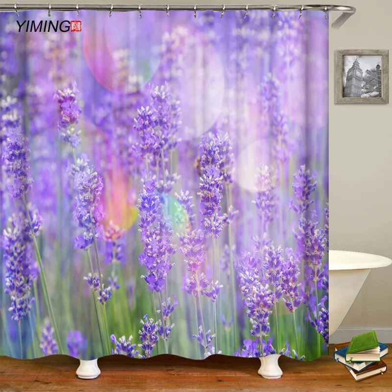 YIMING Púrpura lavanda flor impresión baño ducha cortina impermeable tela de poliéster lavable cortina 180-200cm T200711