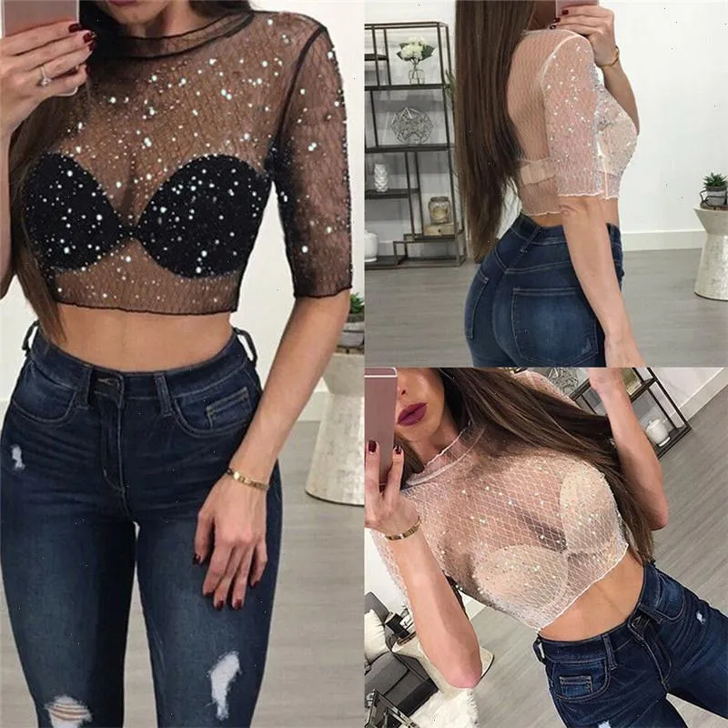 Femmes Sexy maille transparente T-shirt haut court à manches courtes paillettes scintillantes Clubwear hauts