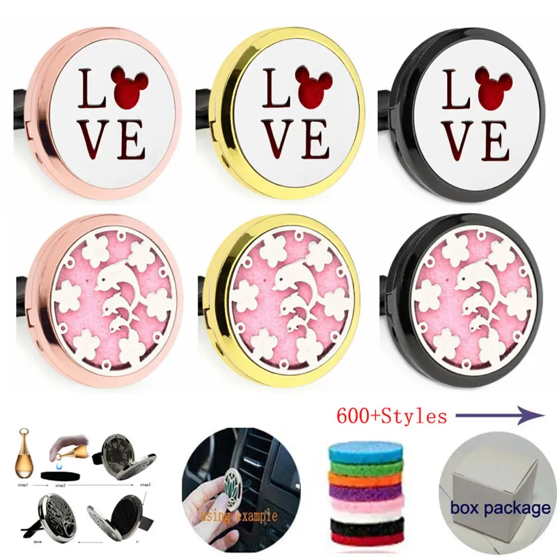 600+ Designs 30mm Rose Gold Black Aromatherapy Essential Oljediffusor Locket Magnet Öppna bil Air Freshener med ventilationsklämma (Gratis 10 filtkuddar) W9