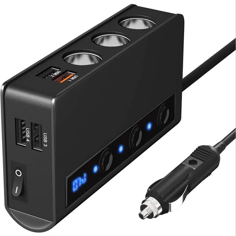 Quick Charge 3.0 Cigarette Lighter Splitter 12V/24V 3-Socket 180W ON-OFF DC Power Car Splitter with 4-Port USB Car Charger