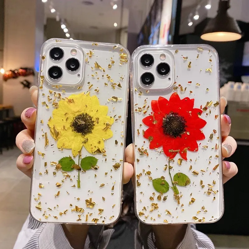 Real Sunflower Dried Pressed Foil Soft TPU Cases For Iphone 15 14 Plus 13 Pro MAX 12 11 XR XS X 8 7 6 Fashion Flower Confetti Sequin Clear Transparent Back Cover Skin