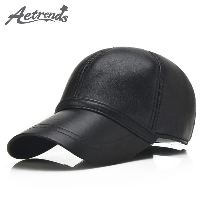 [Aetrends] 100% couro cap chapéu chapéu boné de beisebol homem chapéu de pele de pele de carneiro chapéu chapéu chapéus inverno preto gorras z-5292 j1225