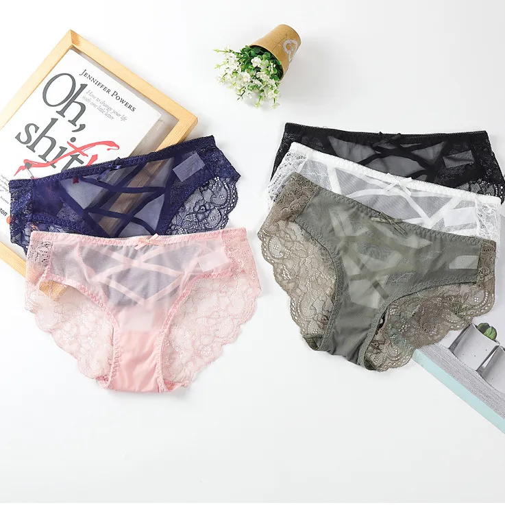Transparent Hollow Cotton Panties Mid-rise Floral Lace Panty Women