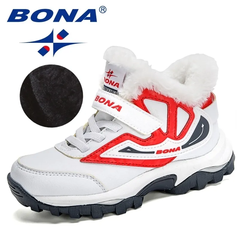 Bona Ankomst Snö Stövlar Outdoor Sneakers Boys Läder Ankelflickor Anti-Slip Barn Vinter Sportskor 211227