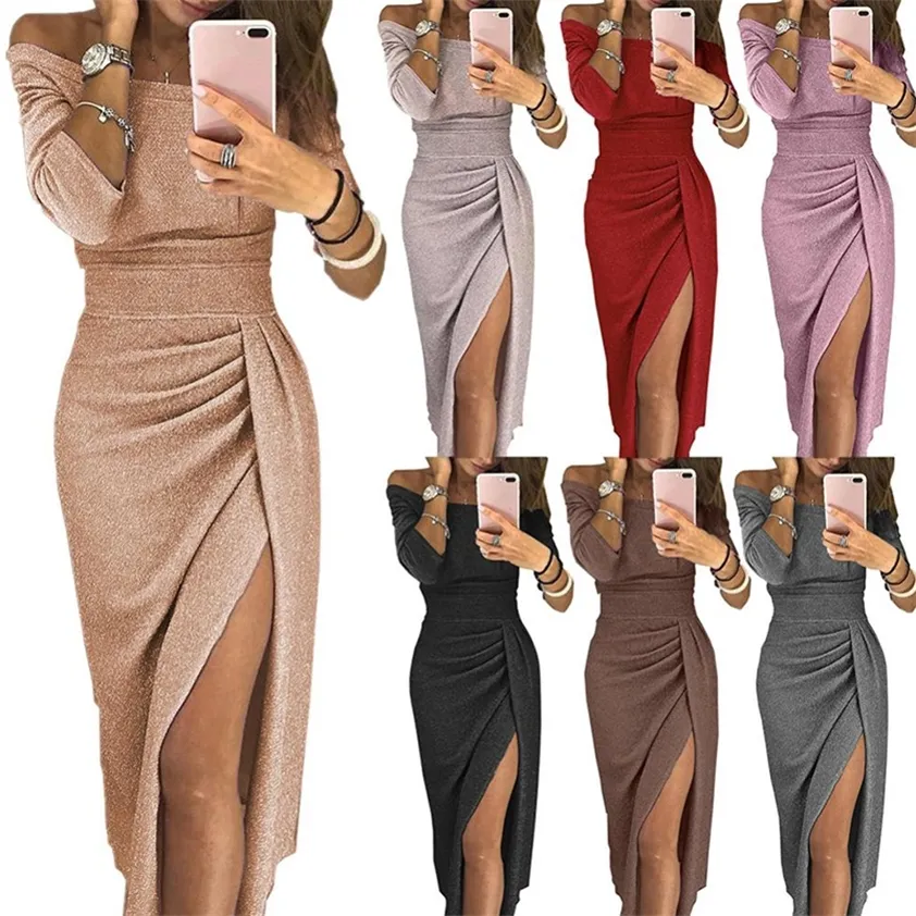 Lady Evening Party Dresses Off Shoulder High midja Lång klänning Elegant Sexig klubb Vestidos Spring Summer Solid Women's Tunika 220215