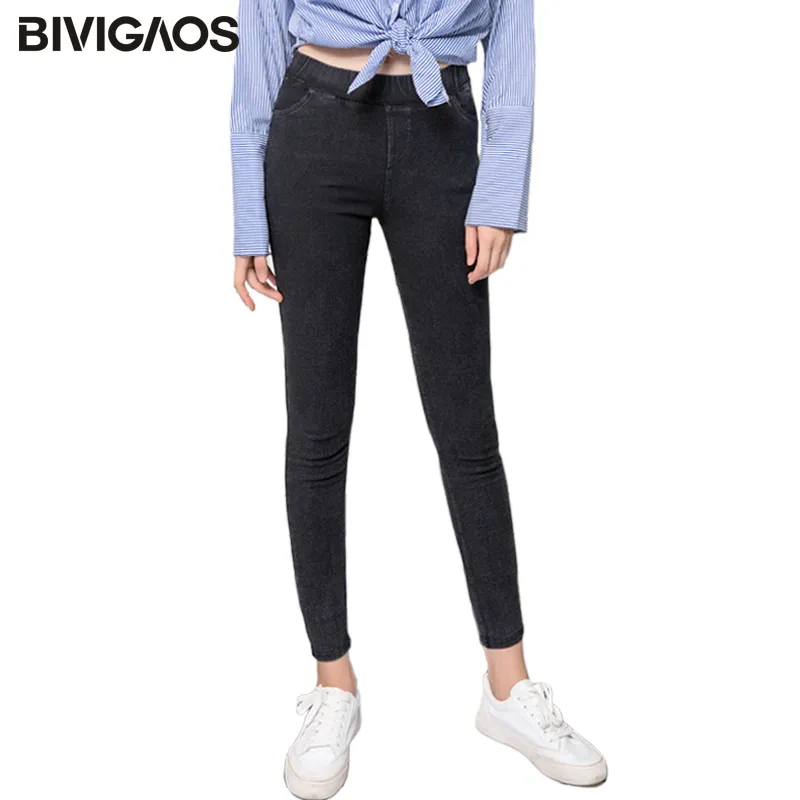 Bivigaos vår höst stor grundläggande stil sand tvätt jeans leggings kvinnor elastiska snöflinga denim penna pants plus storlek jeggings 210203