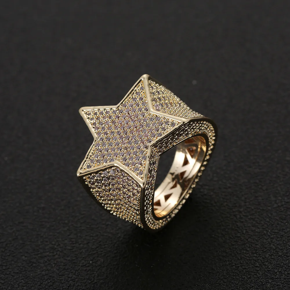 Mannen Mode Koper Goud Zilver Iced Out Star Ring Hoge Kwaliteit Cz Stone Star Shape Ring Sieraden