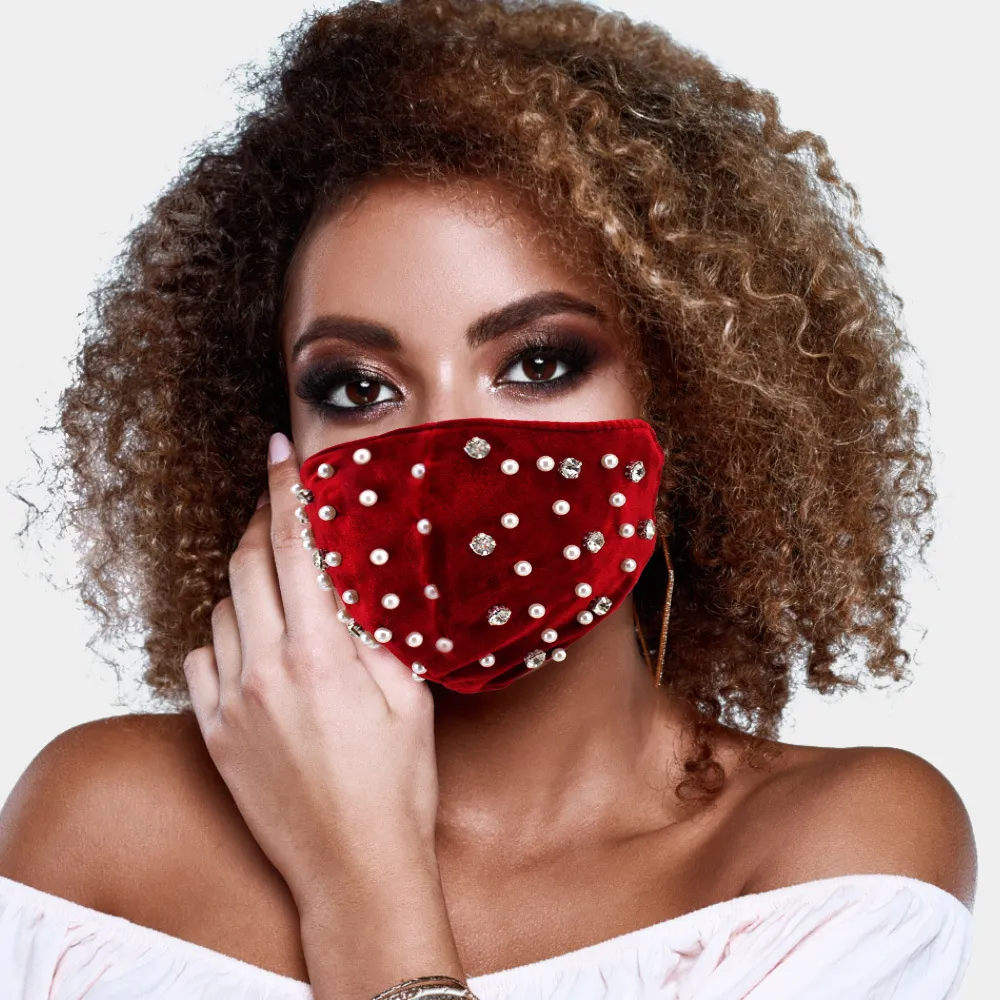 New Fashion Designer Rhinestone Pearls Face Mask Winter Warm Velvet Mouth Cover Dust Haze Anti-Pollution Facemasks CCA2596