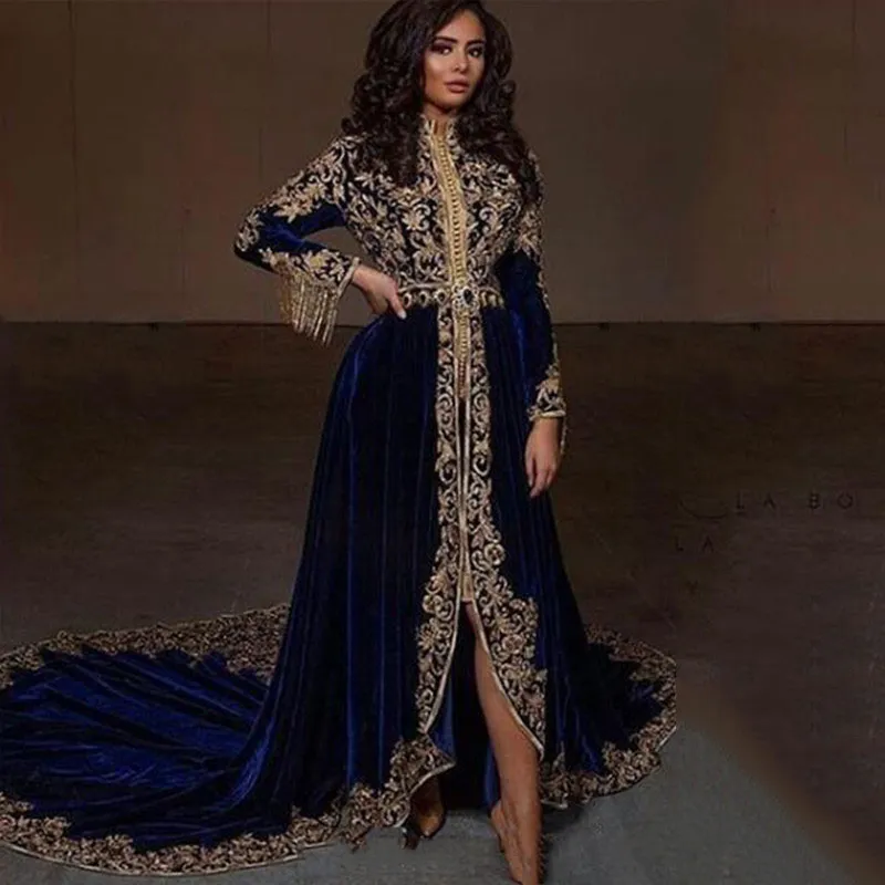 Abiti da caftano marocchino in pizzo di velluto blu navy vintage Abiti da sera Abito da ballo caftano islamico Dubai arabo saudita a maniche lunghe Alto basso